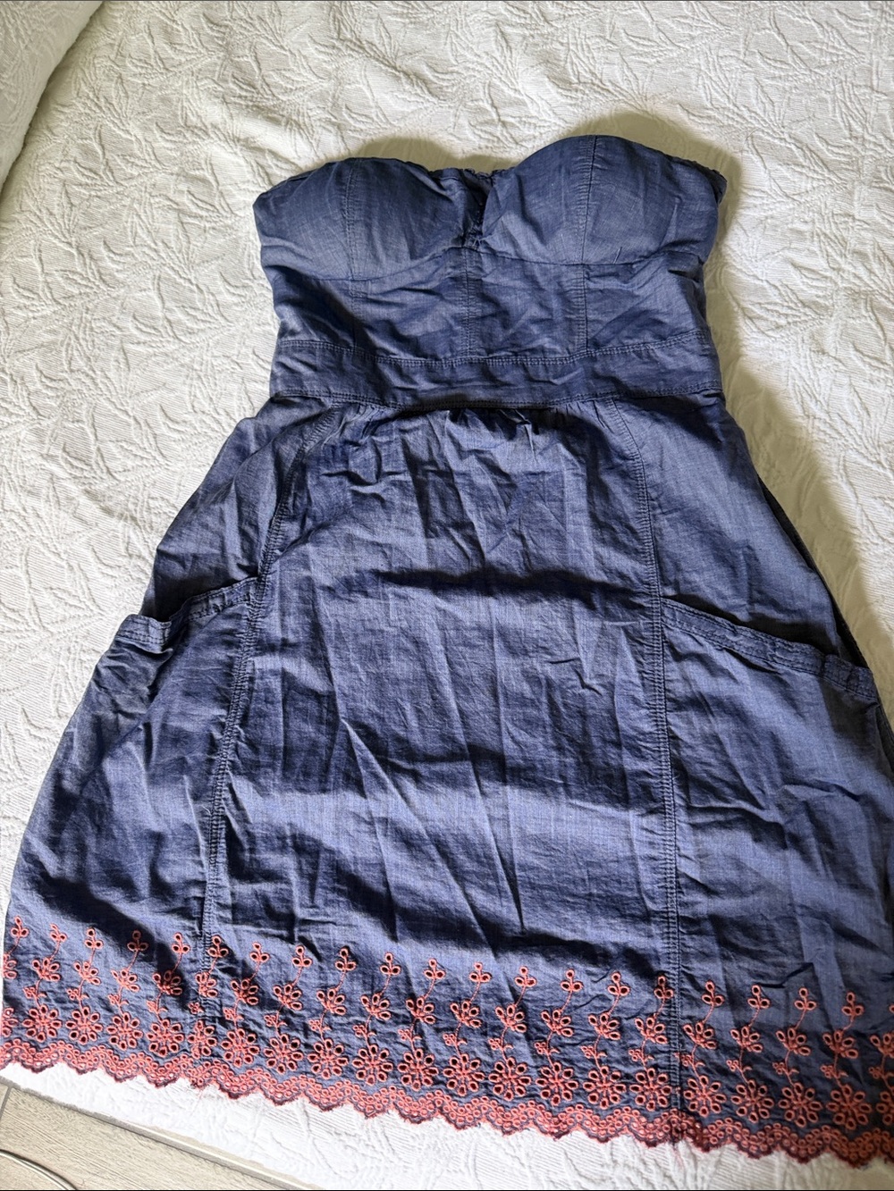 American Eagle Outfitters Navy Strapless Dress with Coral Eyelet Trim
